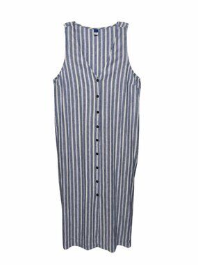 Old Navy Linen Blend Maxi Dress L Comfort Sleeveless Button Front Pockets Stripe